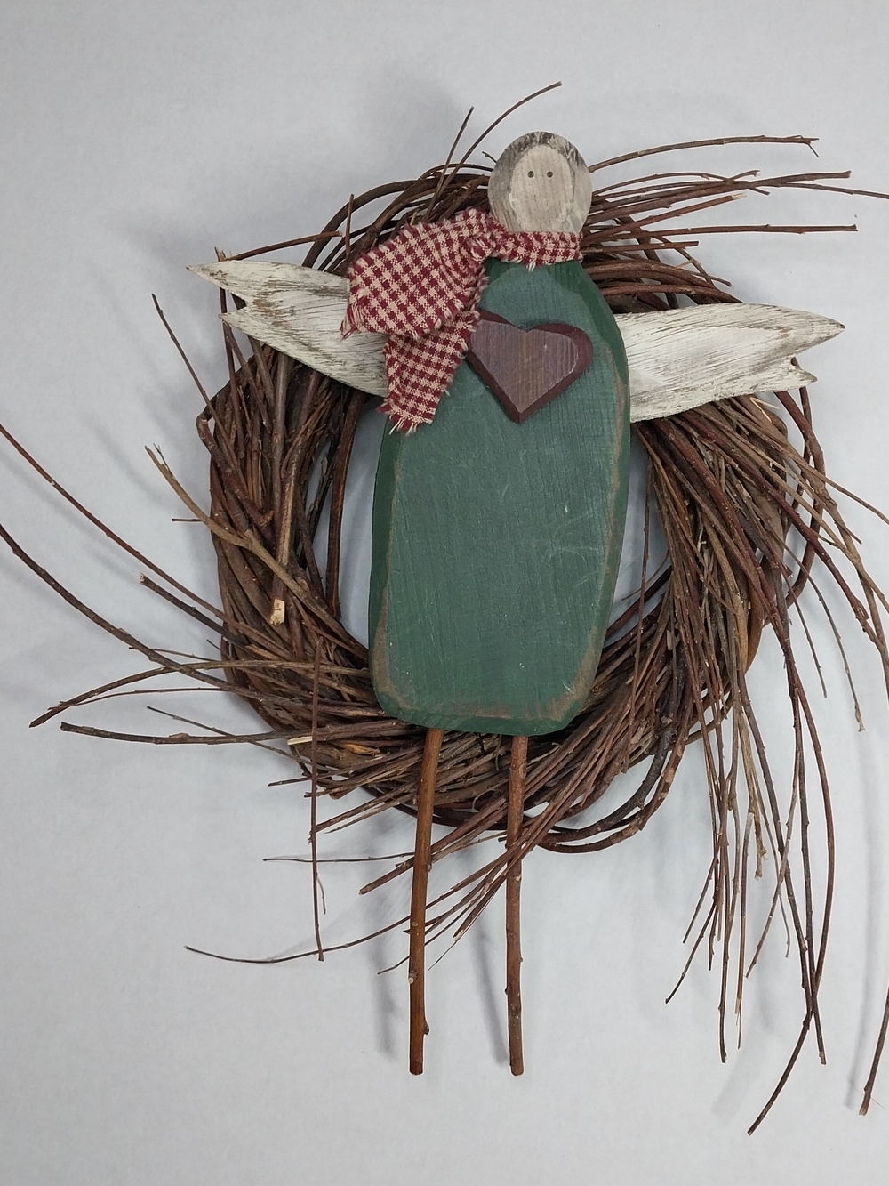 Primitive Rustic Wicker & Wood Angel Wreath Door Hanging Country Decor Folk Art